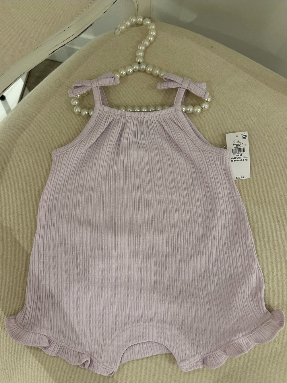 🦢 3~6 Mth Pale Lilac Ribbed Baby Romper with Bow Straps NWT
